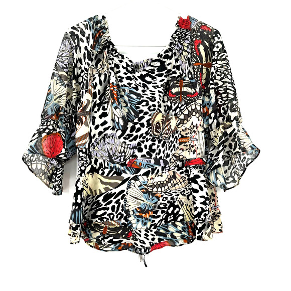 Alice + Olivia size XS silk blouse elbow length sleeves ruffle hem black white - Picture 2 of 6
